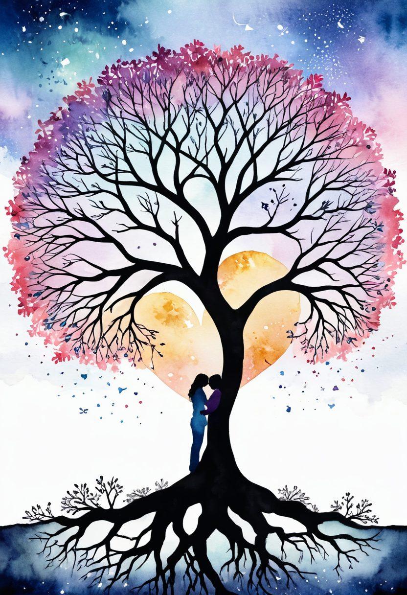 A beautiful, intertwined tree with roots symbolizing courtship and branches reaching towards a shining heart in the sky, representing commitment and soulmate connection. Surround the tree with soft pastel colors, and include subtle silhouettes of couples walking hand in hand on the ground. Magical twinkling stars can be scattered above, conveying a sense of journey and connection. watercolor painting. vibrant colors. soft textures.