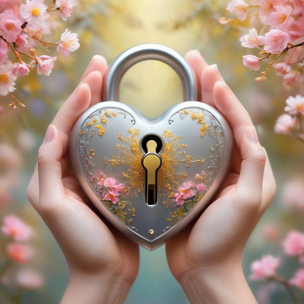 A heart-shaped lock is delicately opened by two intertwined hands, symbolizing deep affection and intimate connection. Surrounding the hands are glowing golden and silver wisps of light that represent soulmate energy, while the background features soft pastel colors to evoke warmth and love. In the foreground, delicate flowers bloom, enhancing the theme of romance and nurturing relationships. ethereal, soft focus, vibrant colors.