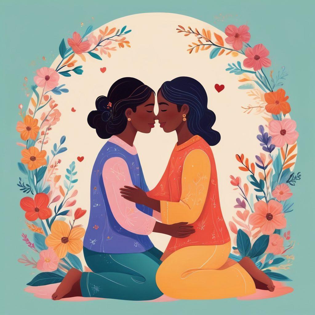 An illustration of a couple sitting closely together, exchanging heartfelt gestures that symbolize different love languages, such as gifts, words of affirmation, quality time, acts of service, and physical touch, surrounded by vibrant hearts and soft pastel colors. The background should include symbols representing deep emotional connections, like intertwined rings and blooming flowers. whimsical art. vibrant colors. harmonious atmosphere.
